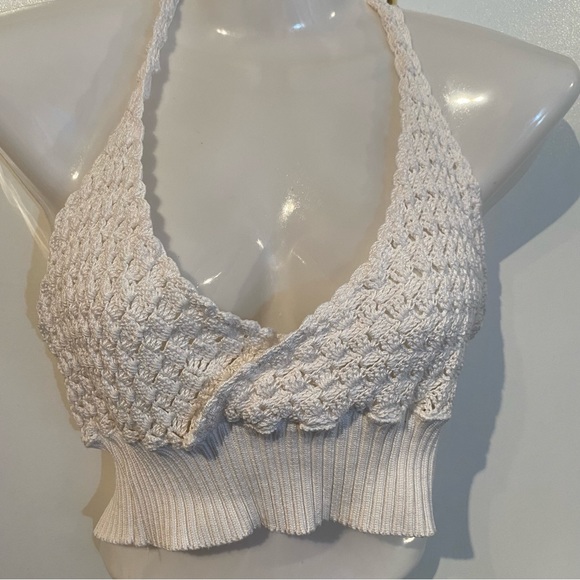 Off White Crochet Knit Cropped Halter Top - Picture 2 of 16